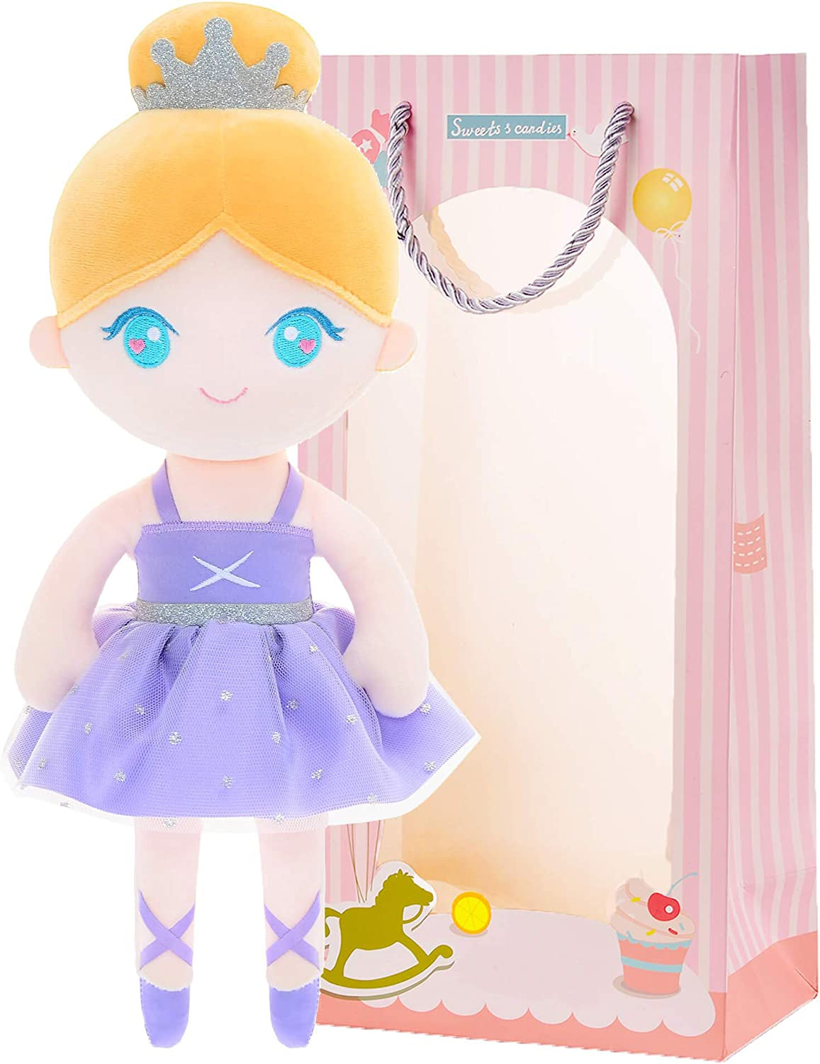 Gloveleya Baby Dolls Soft Snuggly Curly Hair Ballerina Doll First Baby Girl Gifts Plush Tanned Ballet Doll with Lace Mesh Dress Golden 14Inches Ballerina Series