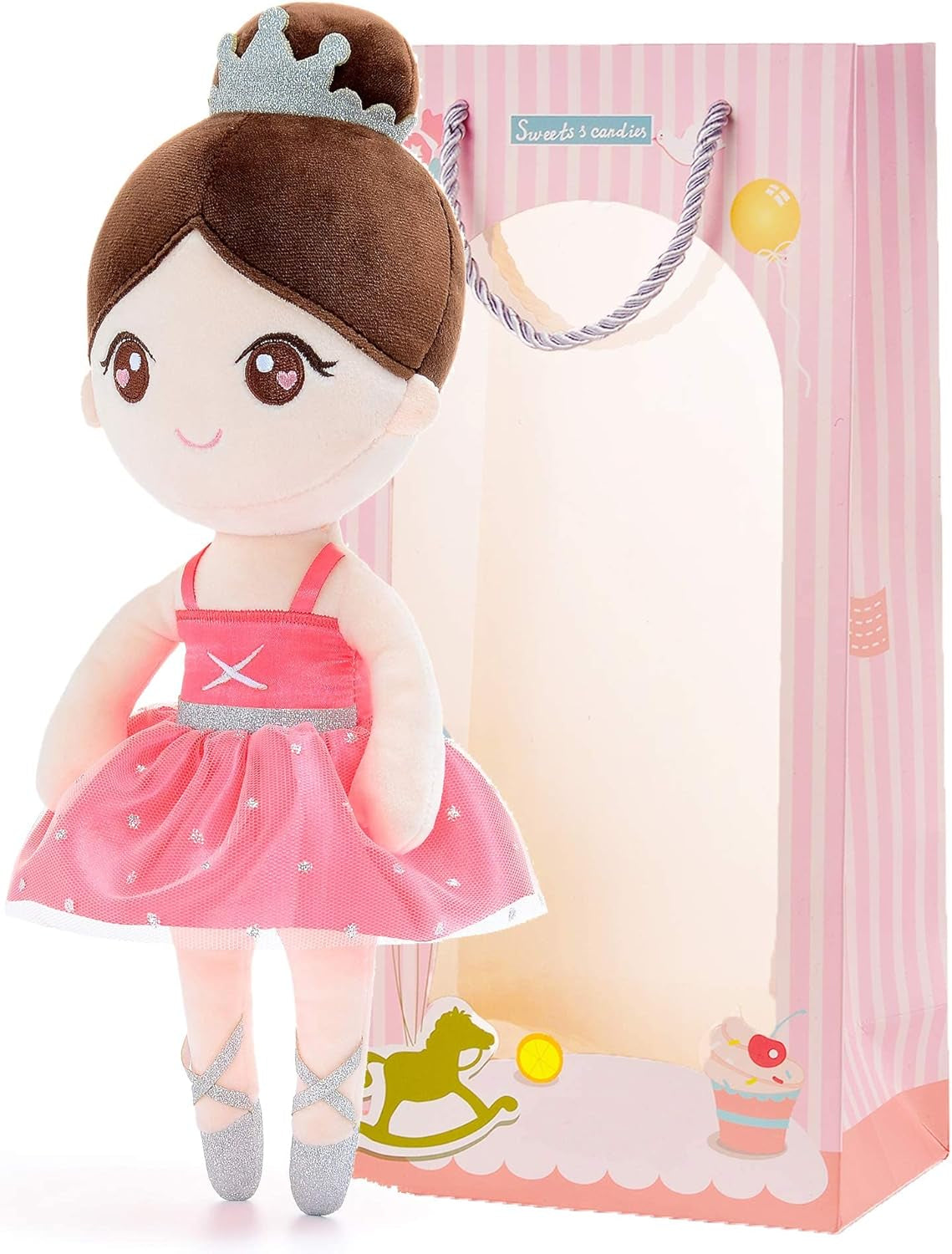 Gloveleya Baby Dolls Soft Snuggly Curly Hair Ballerina Doll First Baby Girl Gifts Plush Tanned Ballet Doll with Lace Mesh Dress Golden 14Inches Ballerina Series