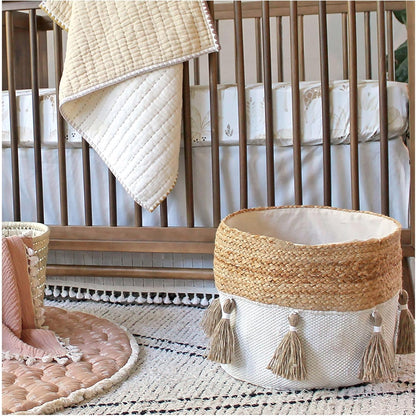 Crane Baby Fabric round Nursery Storage Basket, Toy Storage, Cotton & Jute Boho Bin, 13"X12", Toy Basket, Baby Storage Organizer, Toy Organizers and Storage Bins, Baby Organizers and Storage, Toy Bins