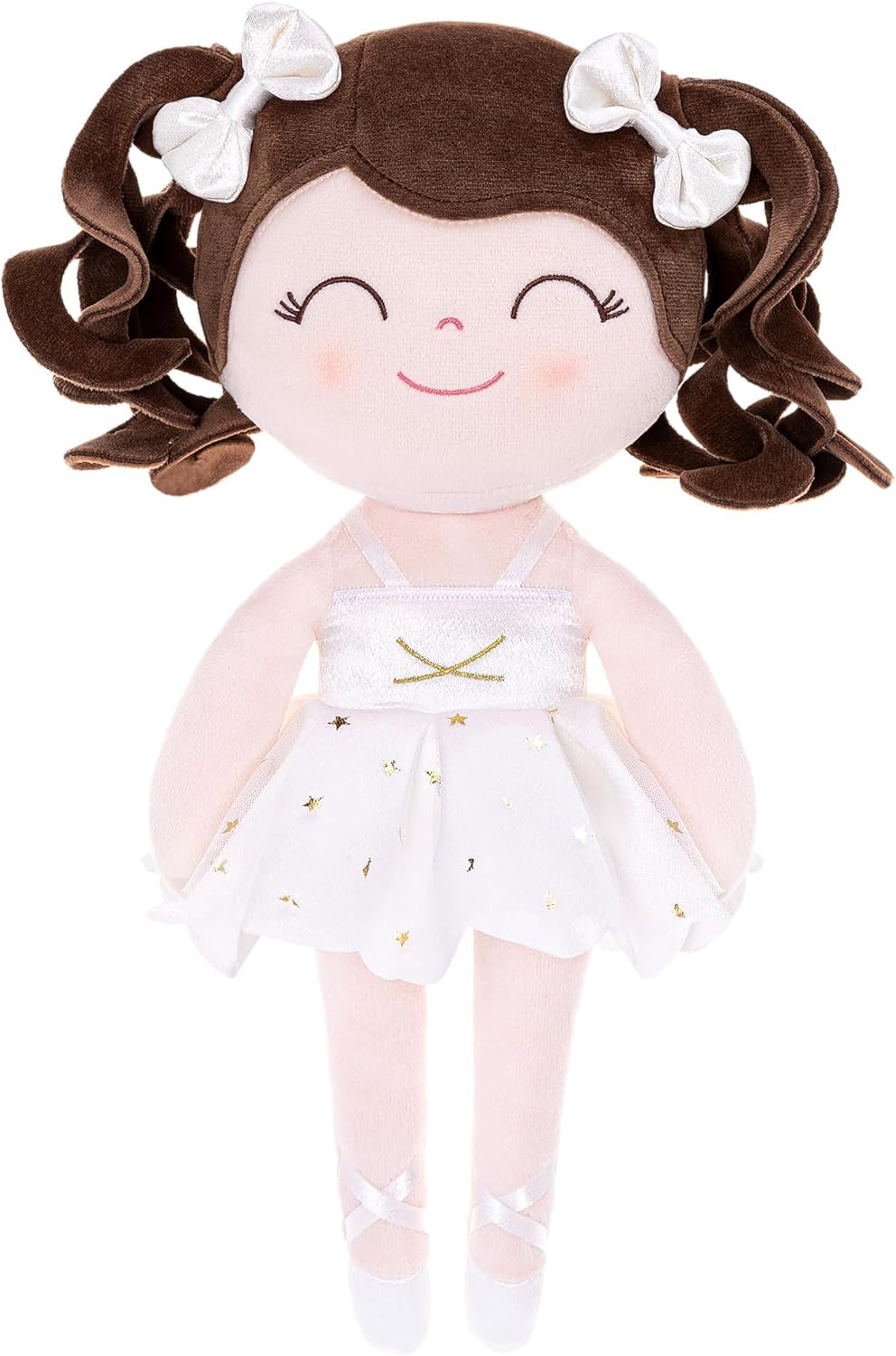 Gloveleya Baby Dolls Soft Snuggly Curly Hair Ballerina Doll First Baby Girl Gifts Plush Tanned Ballet Doll with Lace Mesh Dress Golden 14Inches Ballerina Series