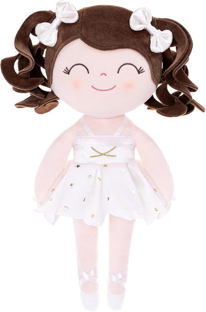 Gloveleya Baby Dolls Soft Snuggly Curly Hair Ballerina Doll First Baby Girl Gifts Plush Tanned Ballet Doll with Lace Mesh Dress Golden 14Inches Ballerina Series