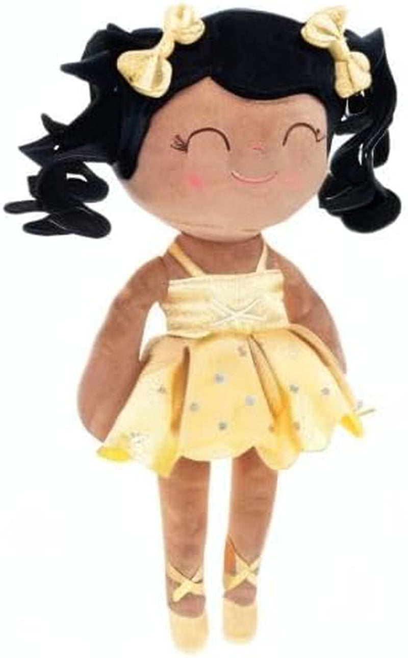 Gloveleya Baby Dolls Soft Snuggly Curly Hair Ballerina Doll First Baby Girl Gifts Plush Tanned Ballet Doll with Lace Mesh Dress Golden 14Inches Ballerina Series