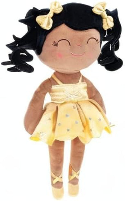 Gloveleya Baby Dolls Soft Snuggly Curly Hair Ballerina Doll First Baby Girl Gifts Plush Tanned Ballet Doll with Lace Mesh Dress Golden 14Inches Ballerina Series