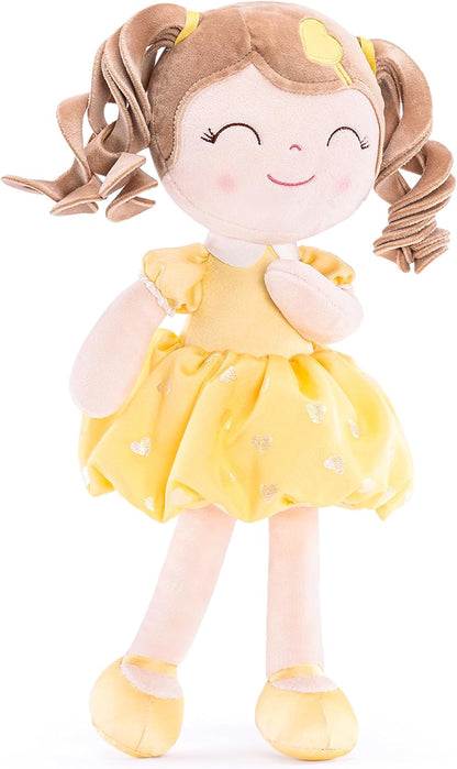 Gloveleya Baby Dolls Soft Snuggly Curly Hair Ballerina Doll First Baby Girl Gifts Plush Tanned Ballet Doll with Lace Mesh Dress Golden 14Inches Ballerina Series