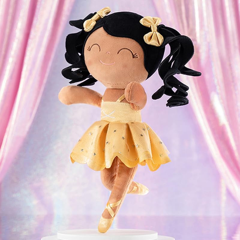 Gloveleya Baby Dolls Soft Snuggly Curly Hair Ballerina Doll First Baby Girl Gifts Plush Tanned Ballet Doll with Lace Mesh Dress Golden 14Inches Ballerina Series