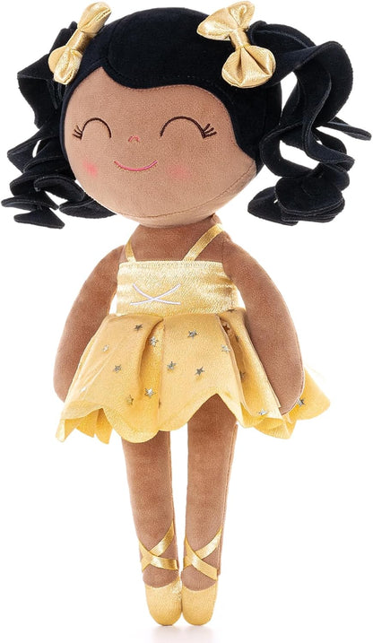 Gloveleya Baby Dolls Soft Snuggly Curly Hair Ballerina Doll First Baby Girl Gifts Plush Tanned Ballet Doll with Lace Mesh Dress Golden 14Inches Ballerina Series