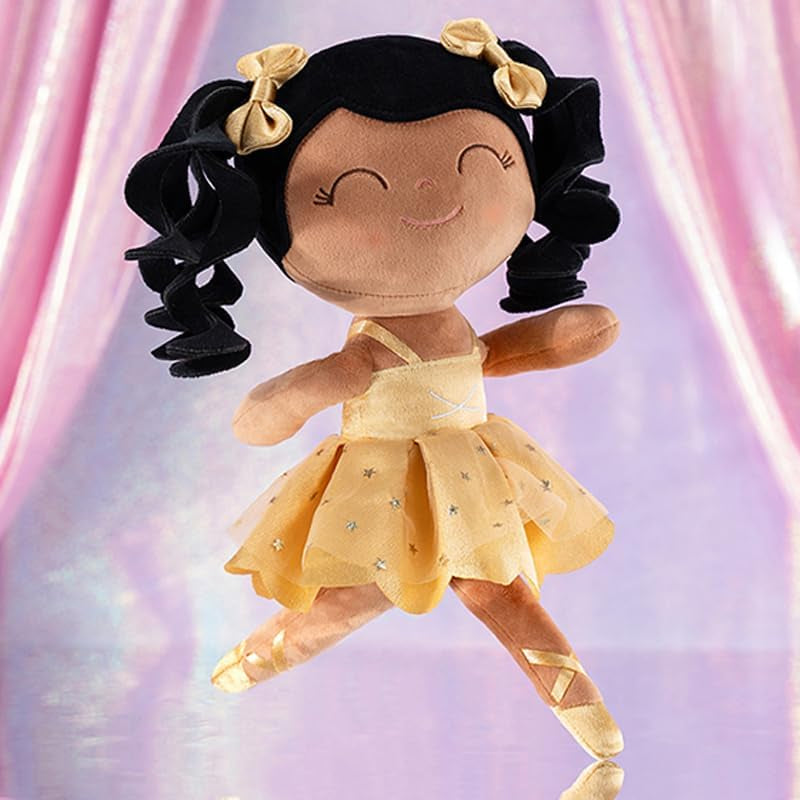 Gloveleya Baby Dolls Soft Snuggly Curly Hair Ballerina Doll First Baby Girl Gifts Plush Tanned Ballet Doll with Lace Mesh Dress Golden 14Inches Ballerina Series