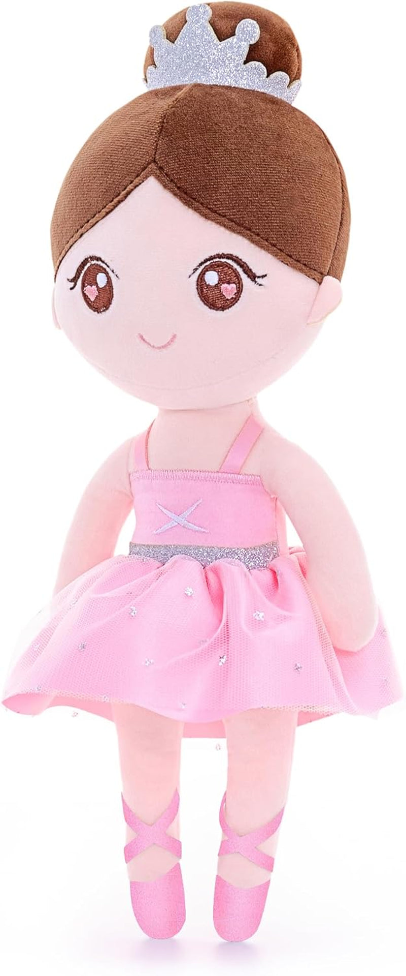 Gloveleya Baby Dolls Soft Snuggly Curly Hair Ballerina Doll First Baby Girl Gifts Plush Tanned Ballet Doll with Lace Mesh Dress Golden 14Inches Ballerina Series