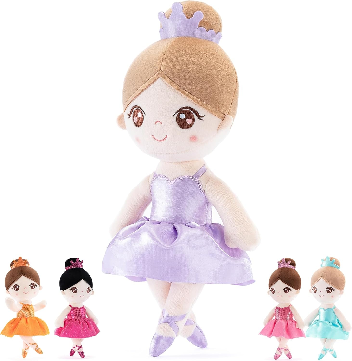 Gloveleya Baby Dolls Soft Snuggly Curly Hair Ballerina Doll First Baby Girl Gifts Plush Tanned Ballet Doll with Lace Mesh Dress Golden 14Inches Ballerina Series