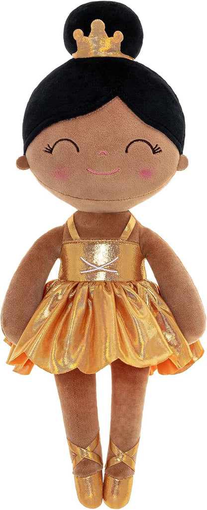 Gloveleya Baby Dolls Soft Snuggly Curly Hair Ballerina Doll First Baby Girl Gifts Plush Tanned Ballet Doll with Lace Mesh Dress Golden 14Inches Ballerina Series