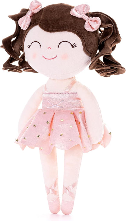 Gloveleya Baby Dolls Soft Snuggly Curly Hair Ballerina Doll First Baby Girl Gifts Plush Tanned Ballet Doll with Lace Mesh Dress Golden 14Inches Ballerina Series