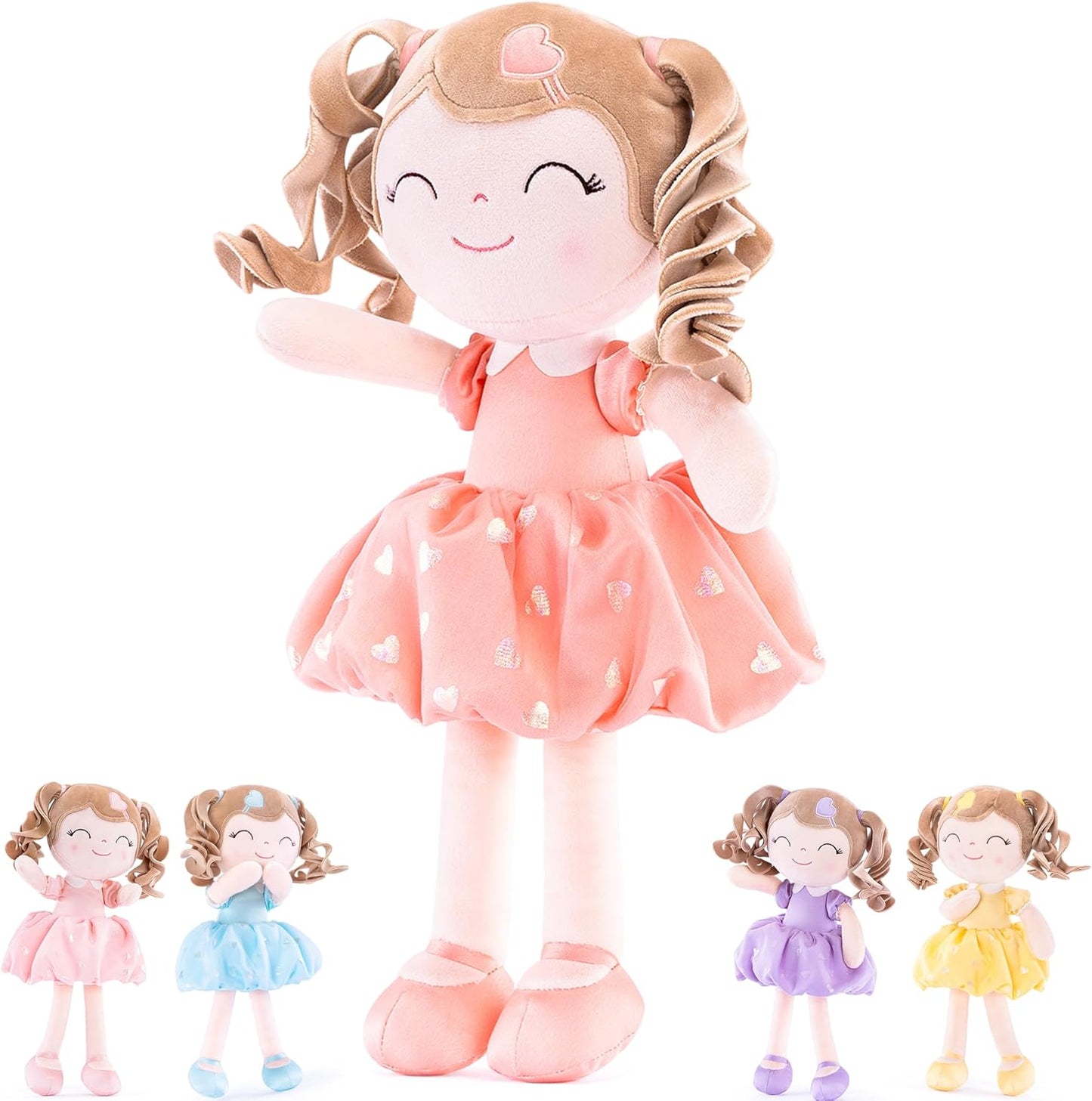 Gloveleya Baby Dolls Soft Snuggly Curly Hair Ballerina Doll First Baby Girl Gifts Plush Tanned Ballet Doll with Lace Mesh Dress Golden 14Inches Ballerina Series