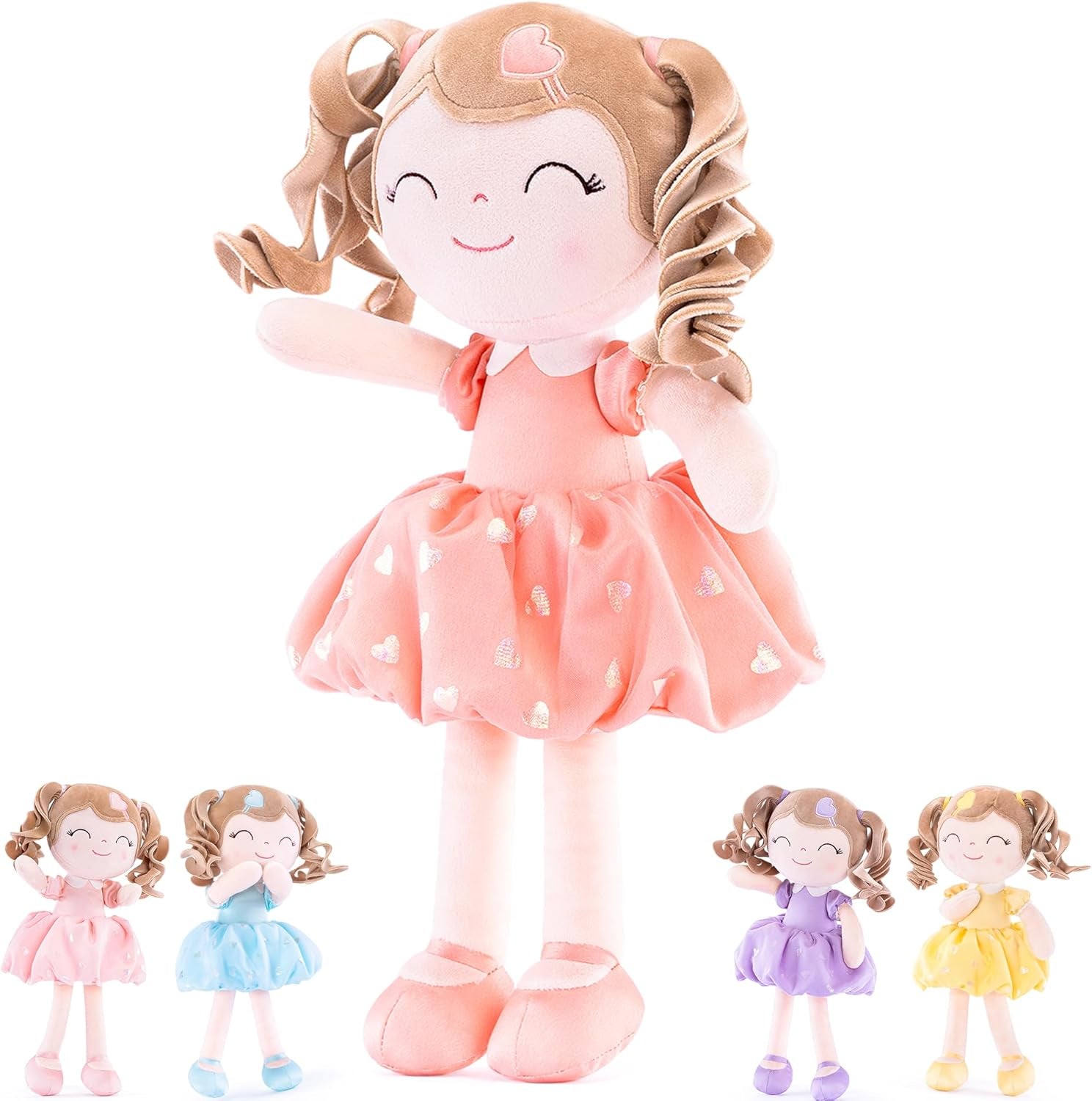 Gloveleya Baby Dolls Soft Snuggly Curly Hair Ballerina Doll First Baby Girl Gifts Plush Tanned Ballet Doll with Lace Mesh Dress Golden 14Inches Ballerina Series