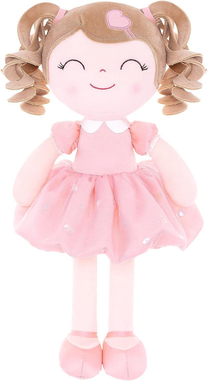Gloveleya Baby Dolls Soft Snuggly Curly Hair Ballerina Doll First Baby Girl Gifts Plush Tanned Ballet Doll with Lace Mesh Dress Golden 14Inches Ballerina Series
