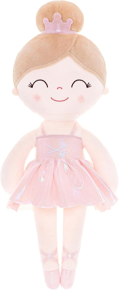 Gloveleya Baby Dolls Soft Snuggly Curly Hair Ballerina Doll First Baby Girl Gifts Plush Tanned Ballet Doll with Lace Mesh Dress Golden 14Inches Ballerina Series