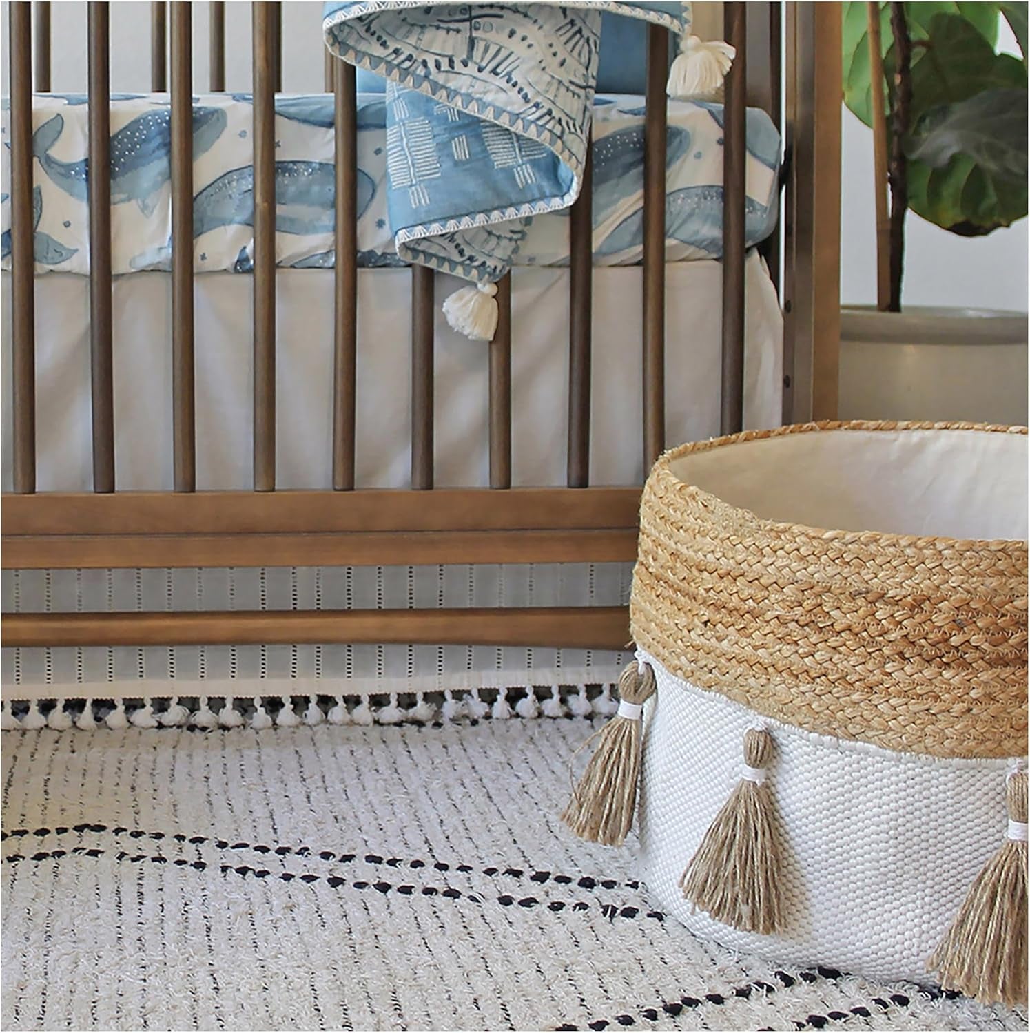 Crane Baby Fabric round Nursery Storage Basket, Toy Storage, Cotton & Jute Boho Bin, 13"X12", Toy Basket, Baby Storage Organizer, Toy Organizers and Storage Bins, Baby Organizers and Storage, Toy Bins